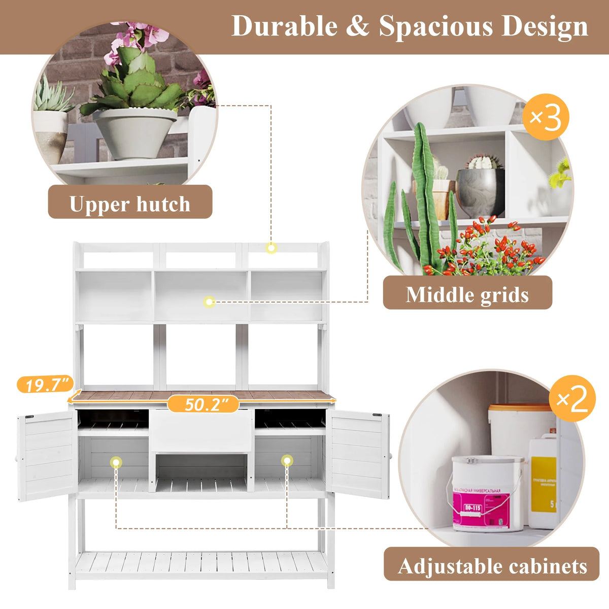 [Assembly Video Available] Topmax Solid Fir Wood Potting Bench Garden Workstation with Hutch, Drawer & Adjustable Shelves, 50.2x19.7x66.1 Inch Outdoor Garden Work Table for Backyard Planting,White
