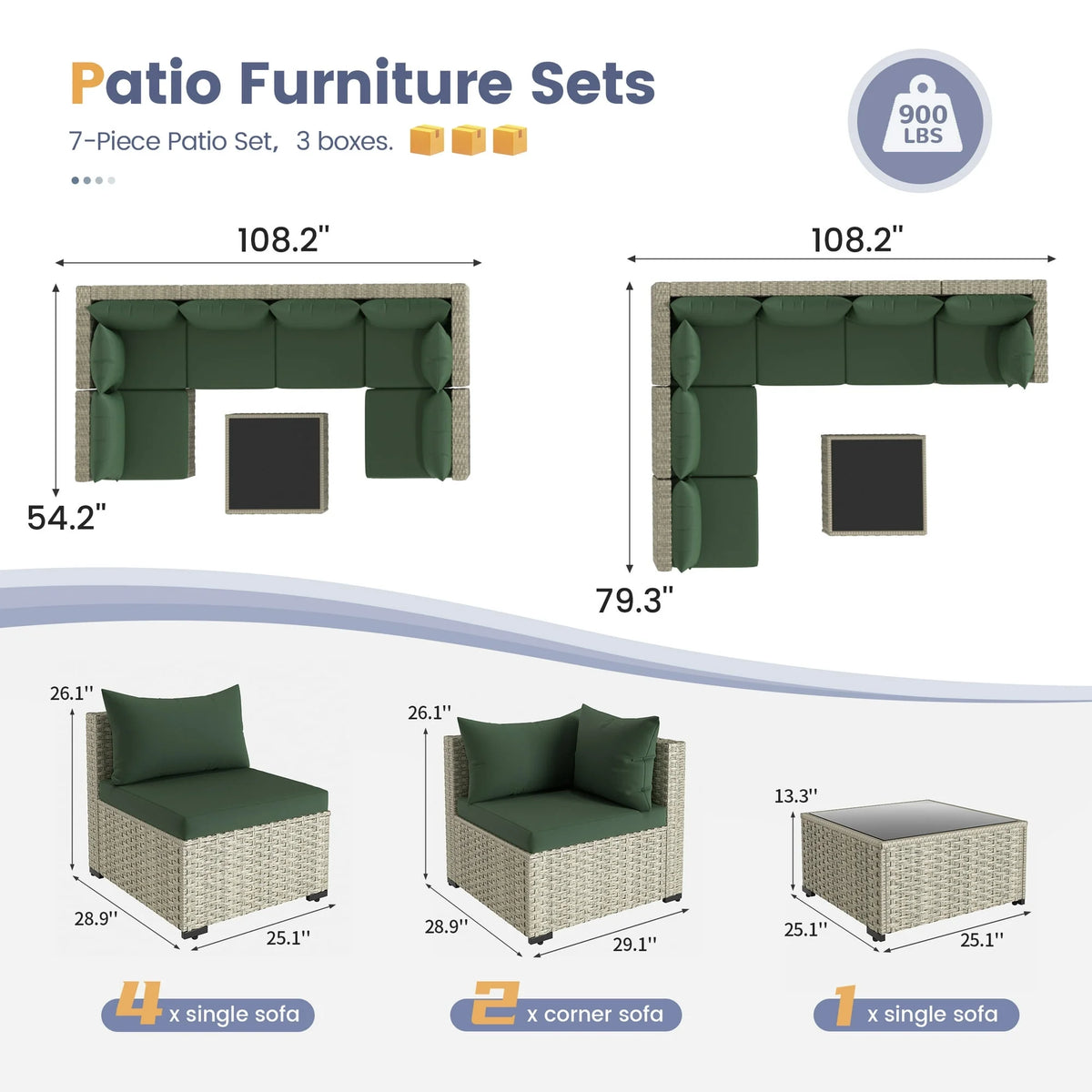 UDPATIO 7 Pieces Outdoor Patio Furniture Set, Outdoor Wicker Patio Conversation Set with Cushions for Backyard, Porch, Garden(Haze Blue)