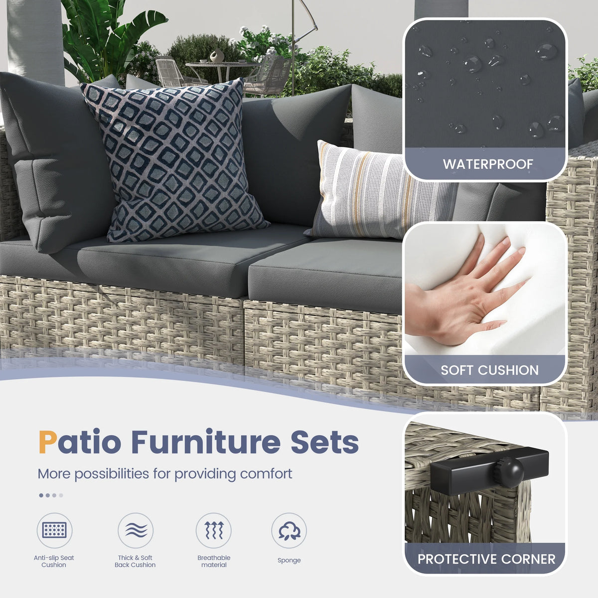UDPATIO 7 Pieces Outdoor Patio Furniture Set, Outdoor Wicker Patio Conversation Set with Cushions for Backyard, Porch, Garden(Haze Blue)