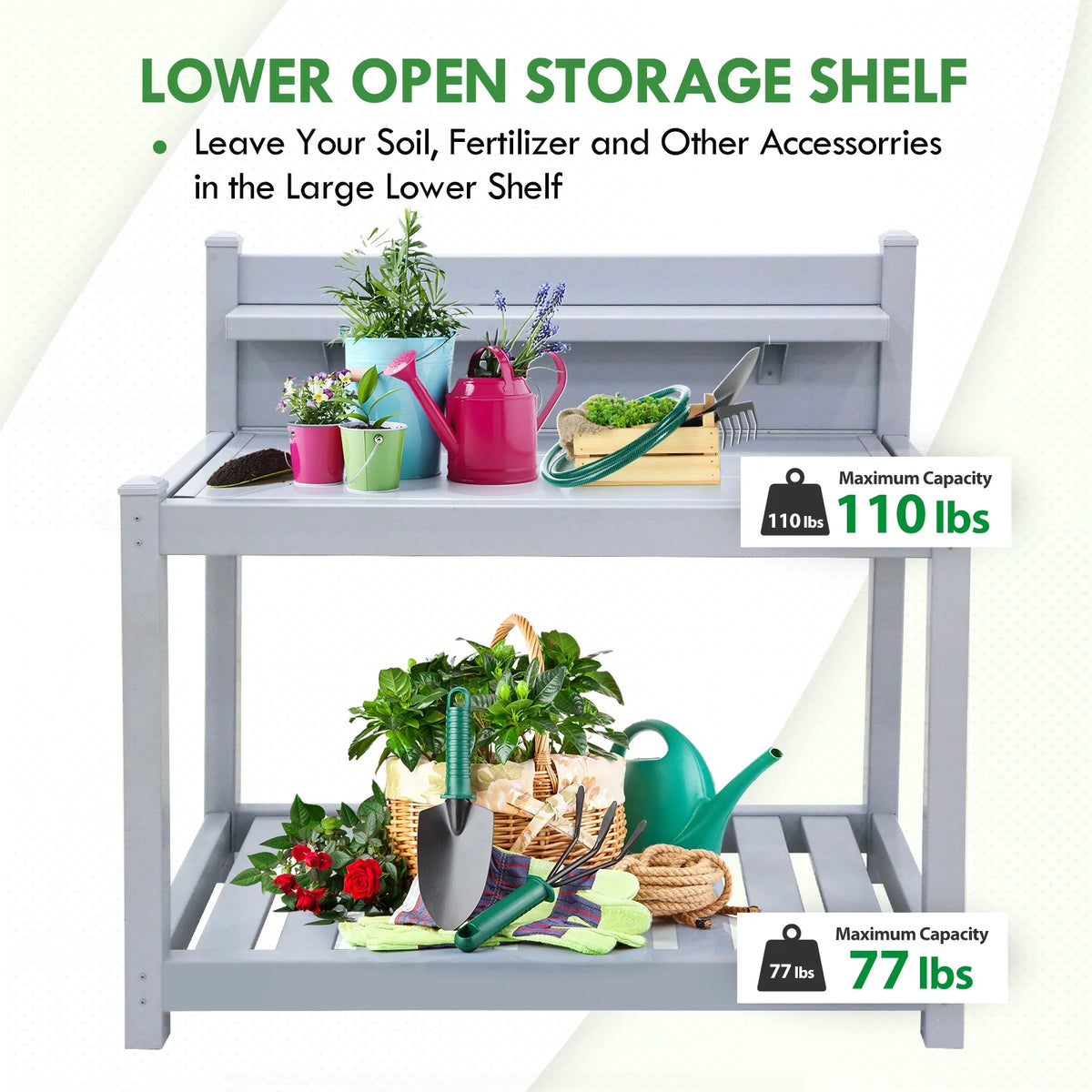 EAGLE PEAK Outdoor Indoor Vinyl Potting Bench Tsble, Gardening Work Station with Open Shelf, Lower Storage, Gray