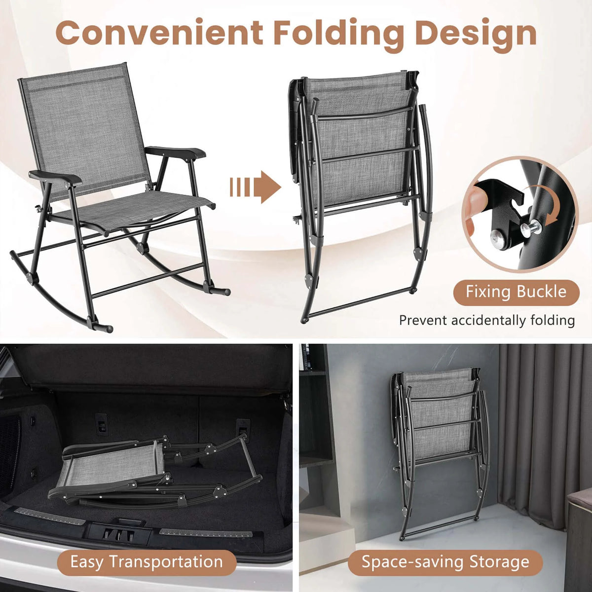 Costway 2pcs Patio Folding Rocking Chair Heavy-Duty Metal Frame Rockers Outdoor Brown