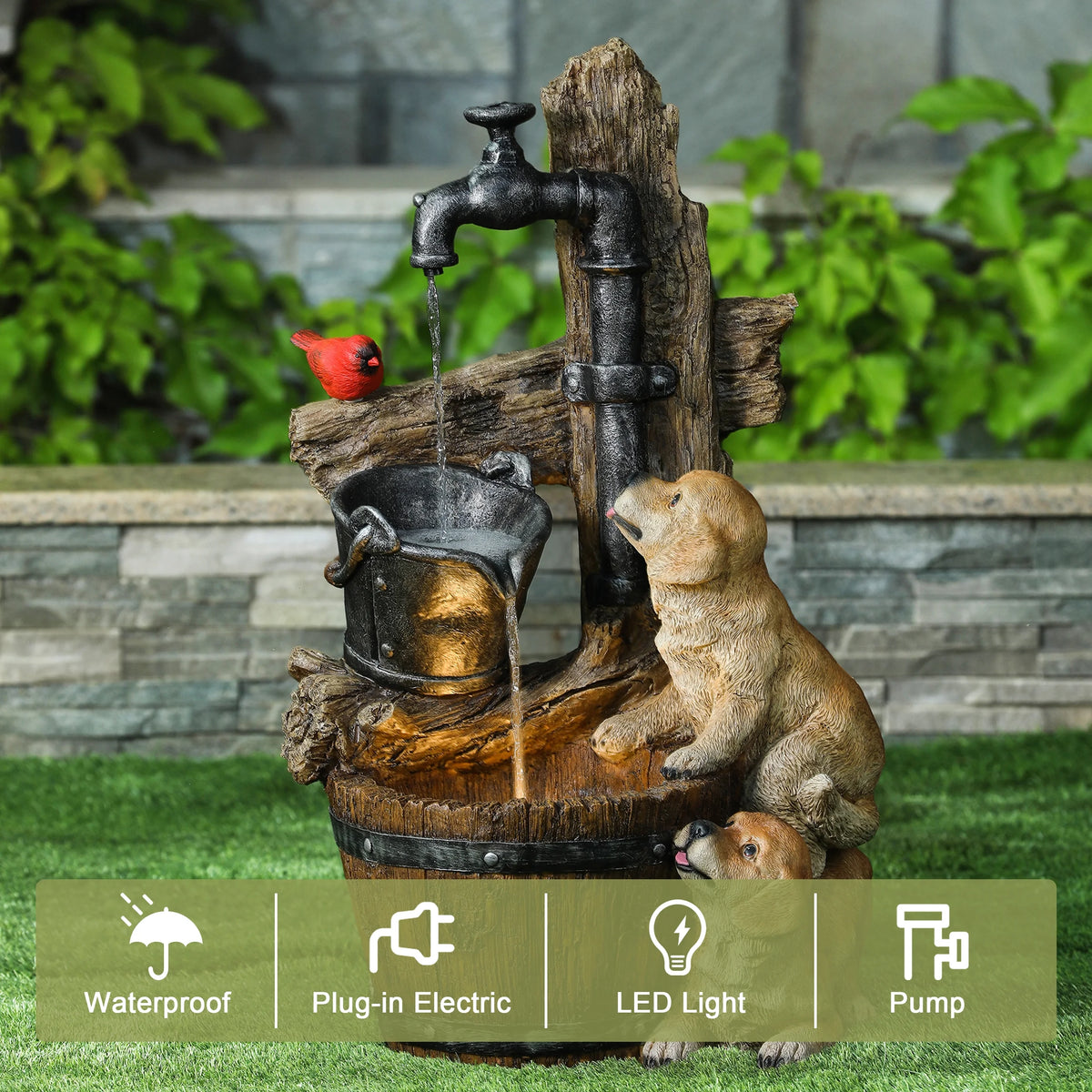 LuxenHome 25" Garden Water Fountain, Whimsical Puppy Dog Resin Water Fountain Outdoor with LED Lights