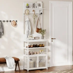 Hall Tree with Doors White 72.8in Coat Rack Shoe Storage Narrow Coat Tree Shoe Shelf Organizer with 7 Hooks for Entryway Bedroom and Mudroom