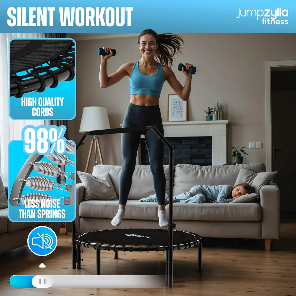 Jumpzylla Fitness Trampoline 40" Foldable for Adults with Bar | Durable, Quiet (450 LBS Cap)