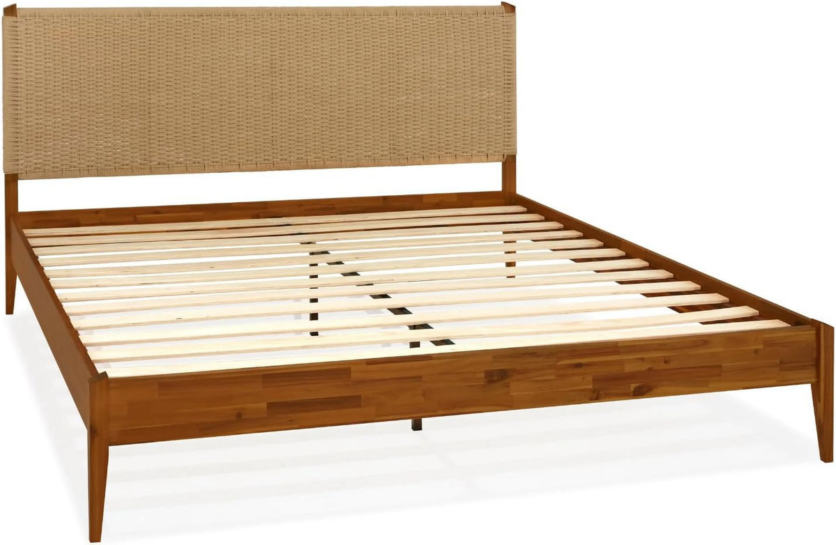 Selina Wood Platform Bed Frame - Handcrafted Paper Cord Unique Headboard - No Box Spring Needed - 12 Strong Wood Slats Support - Easy Assembly - King, Caramel