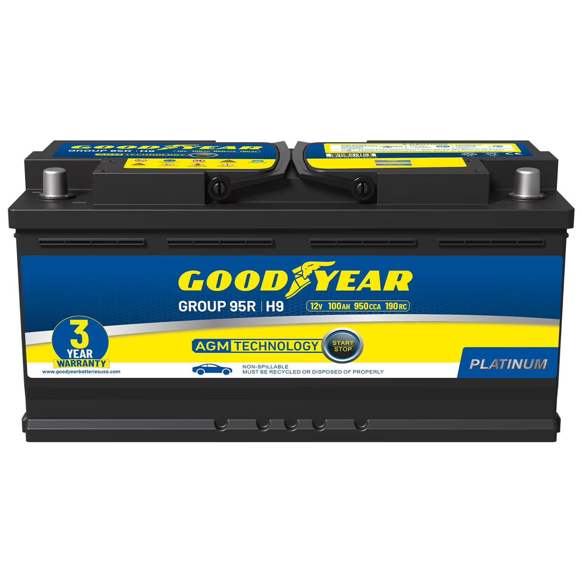 Goodyear 95R-H9-AGM BCI Group Size 95R 12V 100 AH, 190RC, 950 CCA Platinum series Rechargeable AGM Maintenance Free Automotive Battery