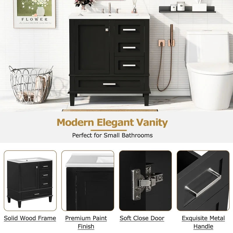 Bellemave 30" Bathroom Vanity with Sink, Cabinet with Sink Combo Set with Top, Bathroom Storage Cabinet with 3 Drawers and 1 Soft Closing Door, 30 Inch Vanity with Sink for Bathroom（White）