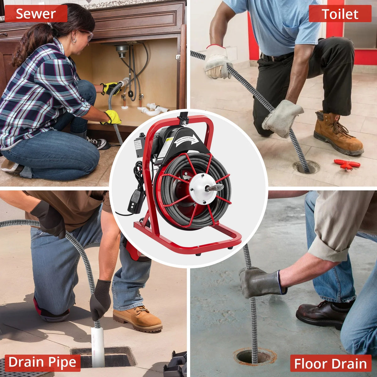 Roromall Drain Cleaner Machine 50FT/75FT/100FT x 3/8-inch/1/2-inch Sewer Auger Electric Drain Auger Sewer Snake with 4 Cutter, Air-Activated Foot Switch, Gloves