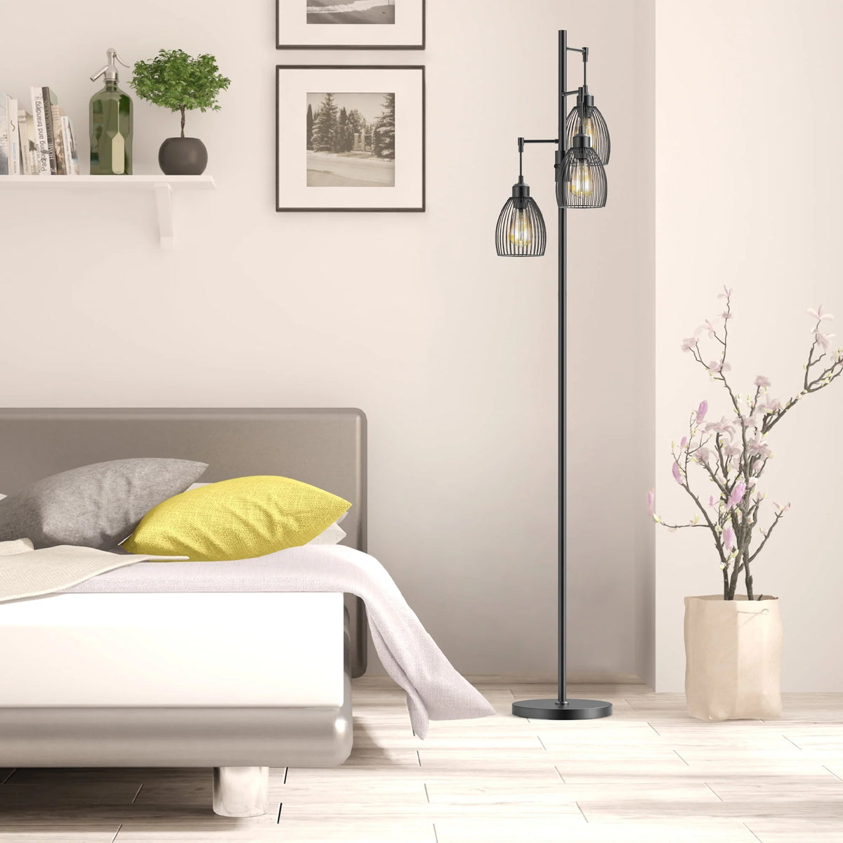 PAZZO 69 inch Three Head LED Metal Industrial Floor Lamp, Bright & Durable, with 3 Stepless Dimmable Bulb Included, Black