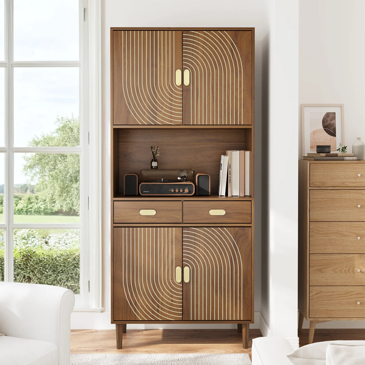 Smart FENDEE 76.77" Pantry Cabinet Kitchen Hutch Cabinet with Microwave Stand for Dining Room,Walnut