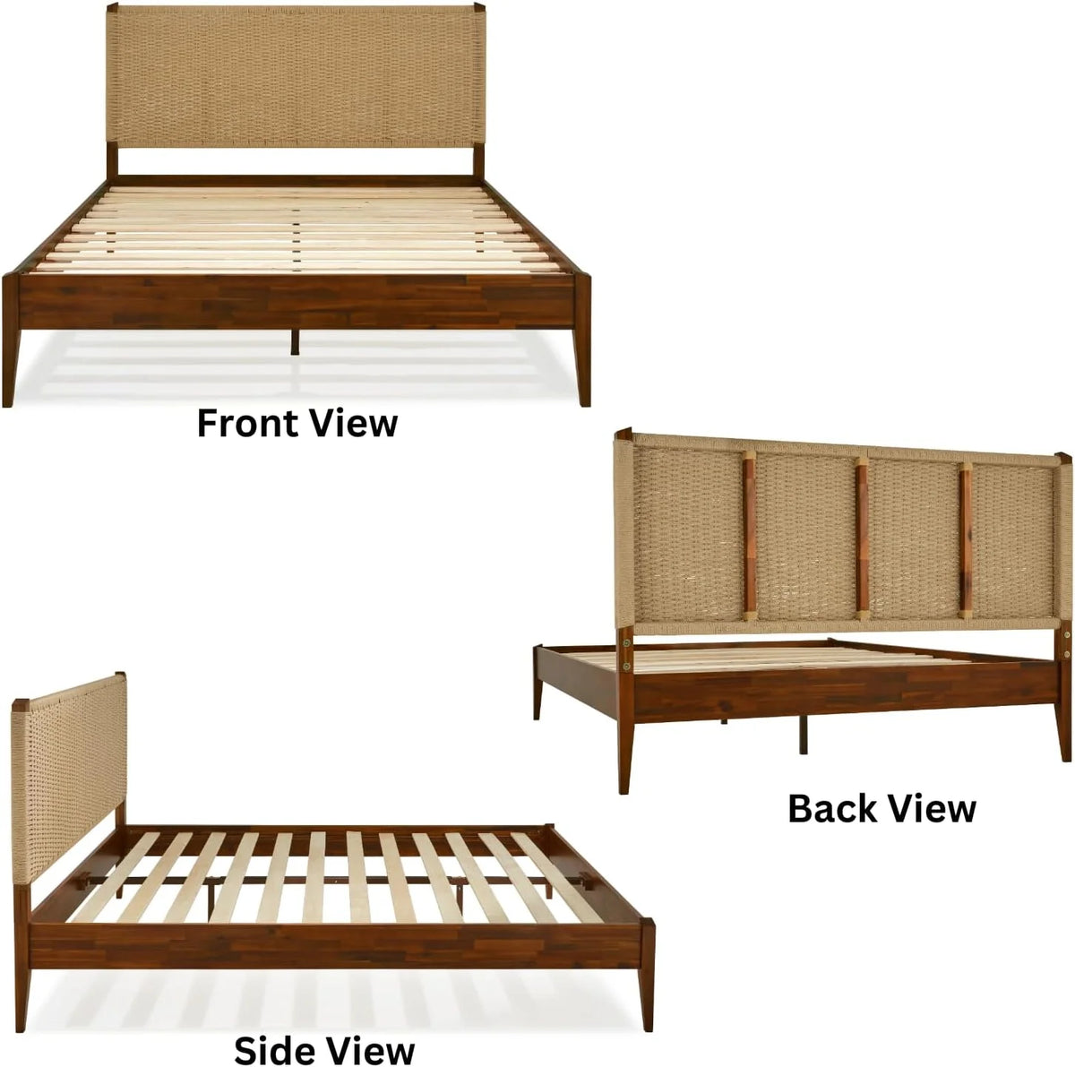 Selina Wood Platform Bed Frame - Handcrafted Paper Cord Unique Headboard - No Box Spring Needed - 12 Strong Wood Slats Support - Easy Assembly - King, Caramel