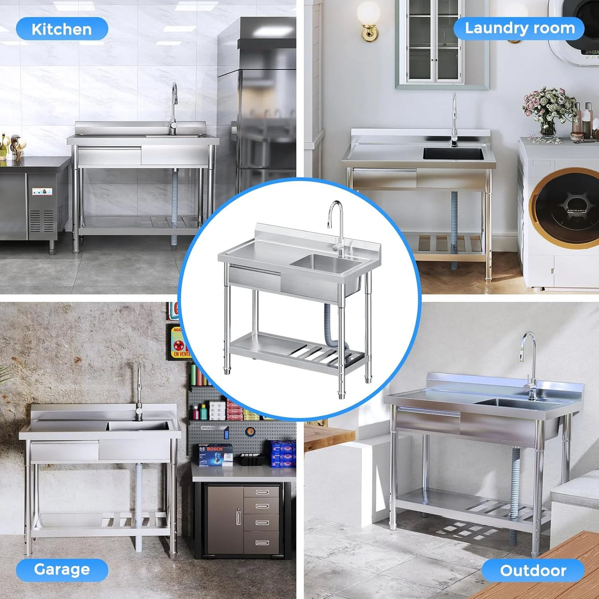 39 Inch Stainless Steel Utility Sink with Faucet Pipes & Storage - Heavy-Duty Freestanding Sink for Indoor/Outdoor Kitchen, Laundry, Garage