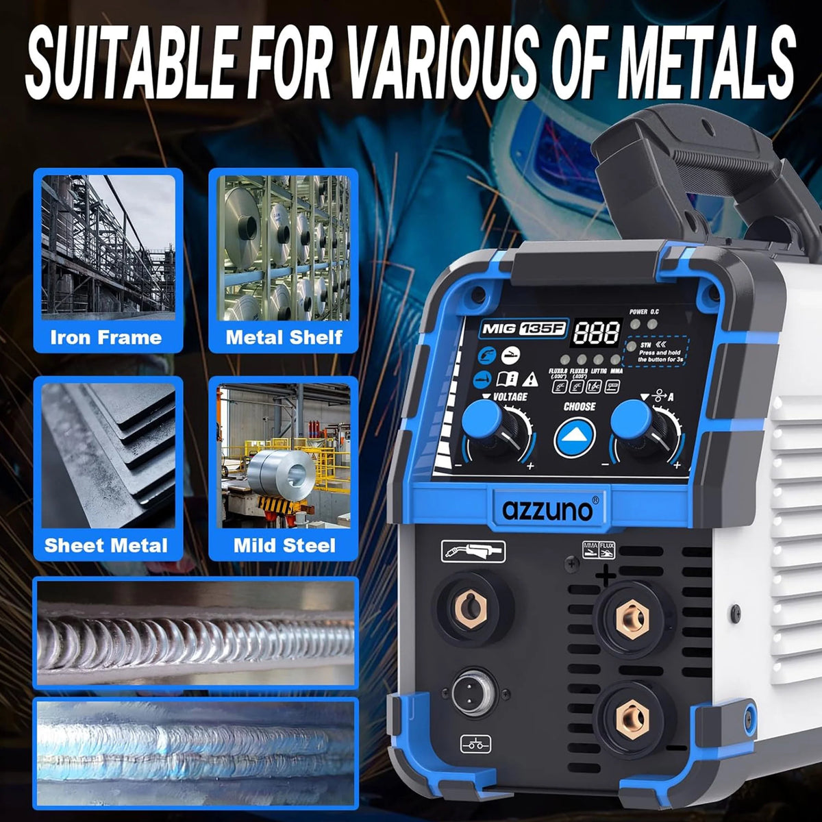 AZZUNO 135A MIG Welder 110V Flux MIG/Lift TIG/Stick 3 in1 IGBT Welding Machine