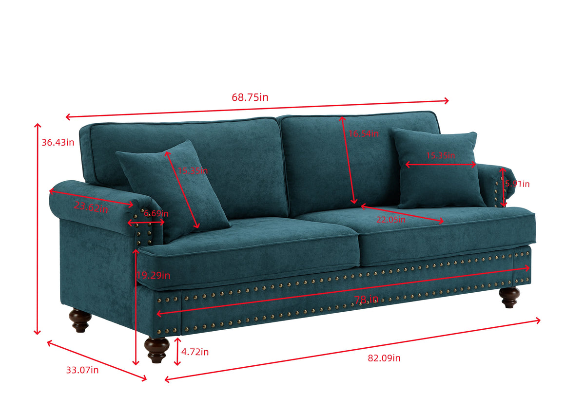 Modern Chenille Upholstered Sofa Couch with Nailhead Trim Rolled Arms Pillows