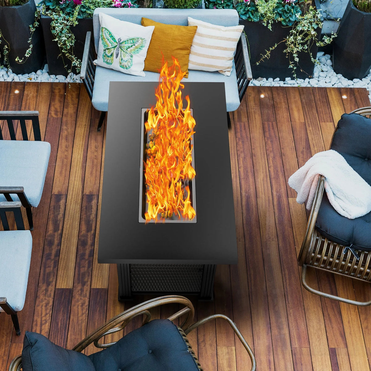 AMONSEE Propane Fire Pit for Outside, 28" GAS Firepit Table with Lid and Lava Rock for Patio Garden Party