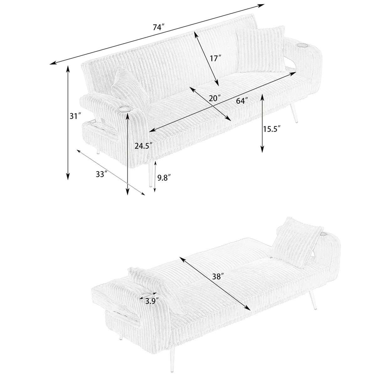 Aukfa Corduroy Futon Convertible Sofa Bed, Beige