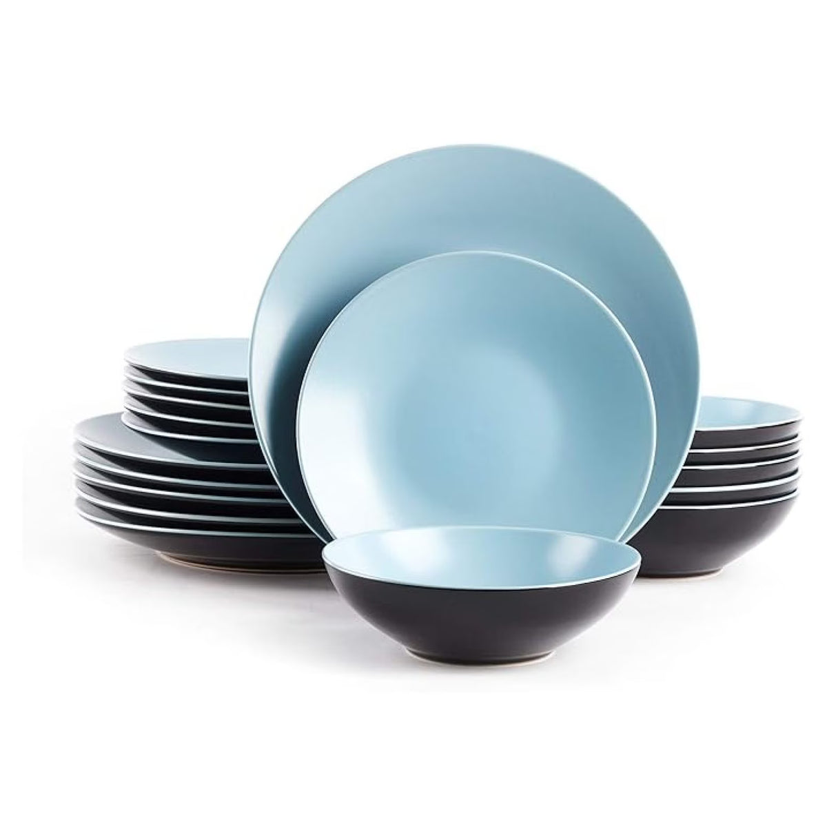 Turquoise Dinnerware Set 18pc - Color Life Stoneware Coupe Dinner Plates & Bowls - Dishwasher & Microwave Safe, Modern Matte & Shiny Black Finish