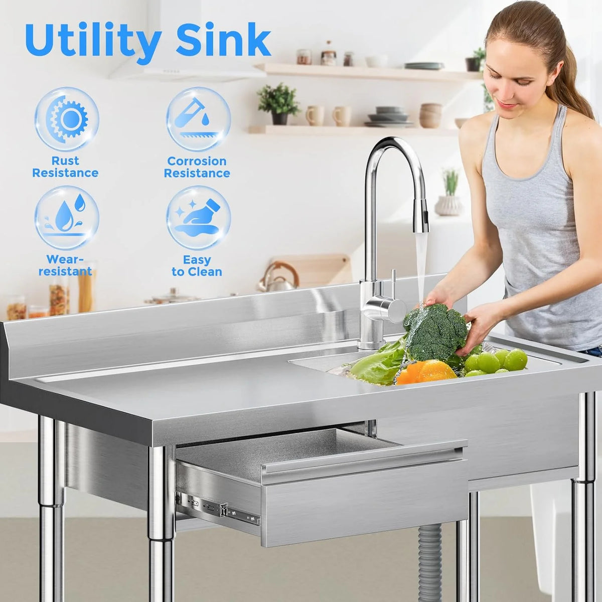39 Inch Stainless Steel Utility Sink with Faucet Pipes & Storage - Heavy-Duty Freestanding Sink for Indoor/Outdoor Kitchen, Laundry, Garage