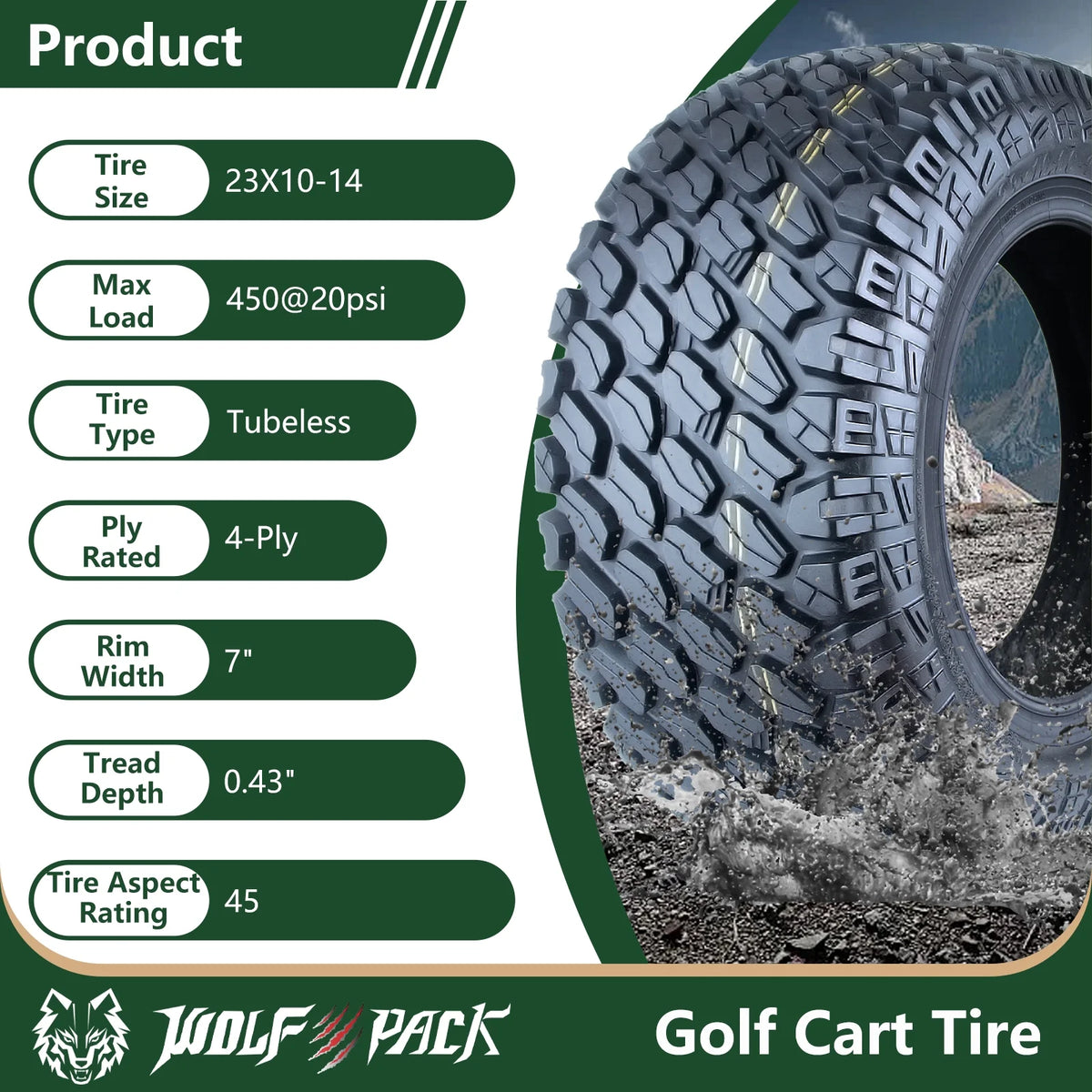 WOLF PACK 23X10-14 Golf Cart Tires Non-Directional Tubeless Tire Multi-Terrain Tire with Superior Traction and Mud-Resistant Self-Cleaning Tread Design for Long-Lasting Performance