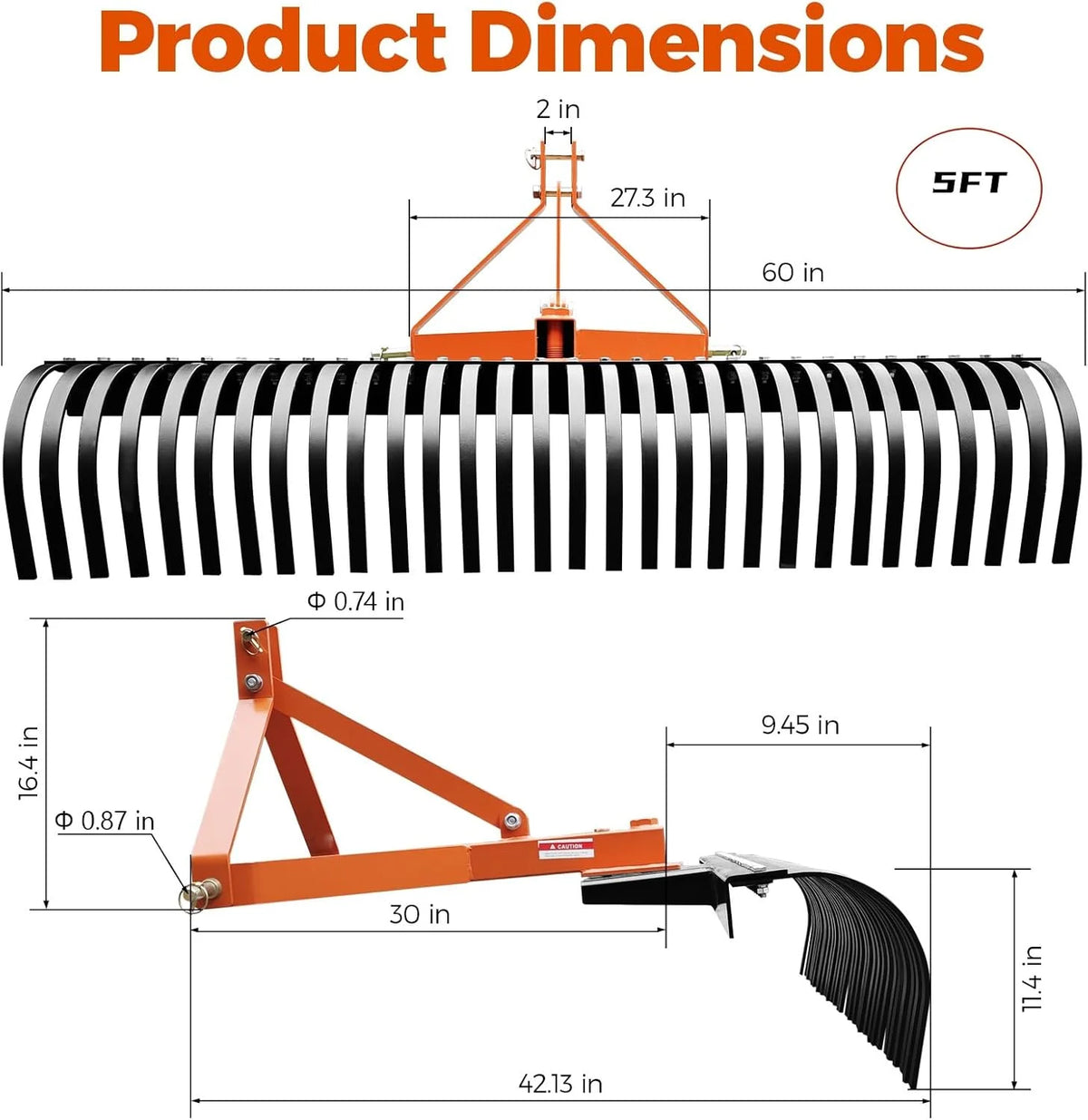 Yeshouse 5 Ft Landscape Rakes for Tractors, 3 Point Rakes with 30 Heavy Duty Steel Tines, Suitable for Cat 1/Cat 2