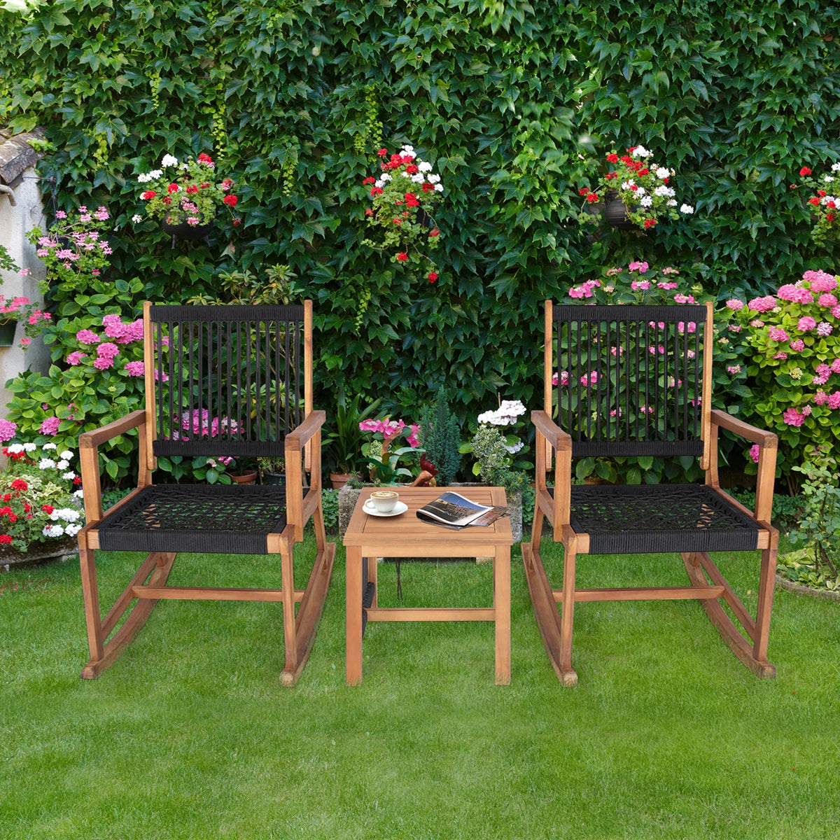 Costway 3pcs Patio Acacia Wood Bistro Table Rocking Chair Set All-Weather Rope Outdoor