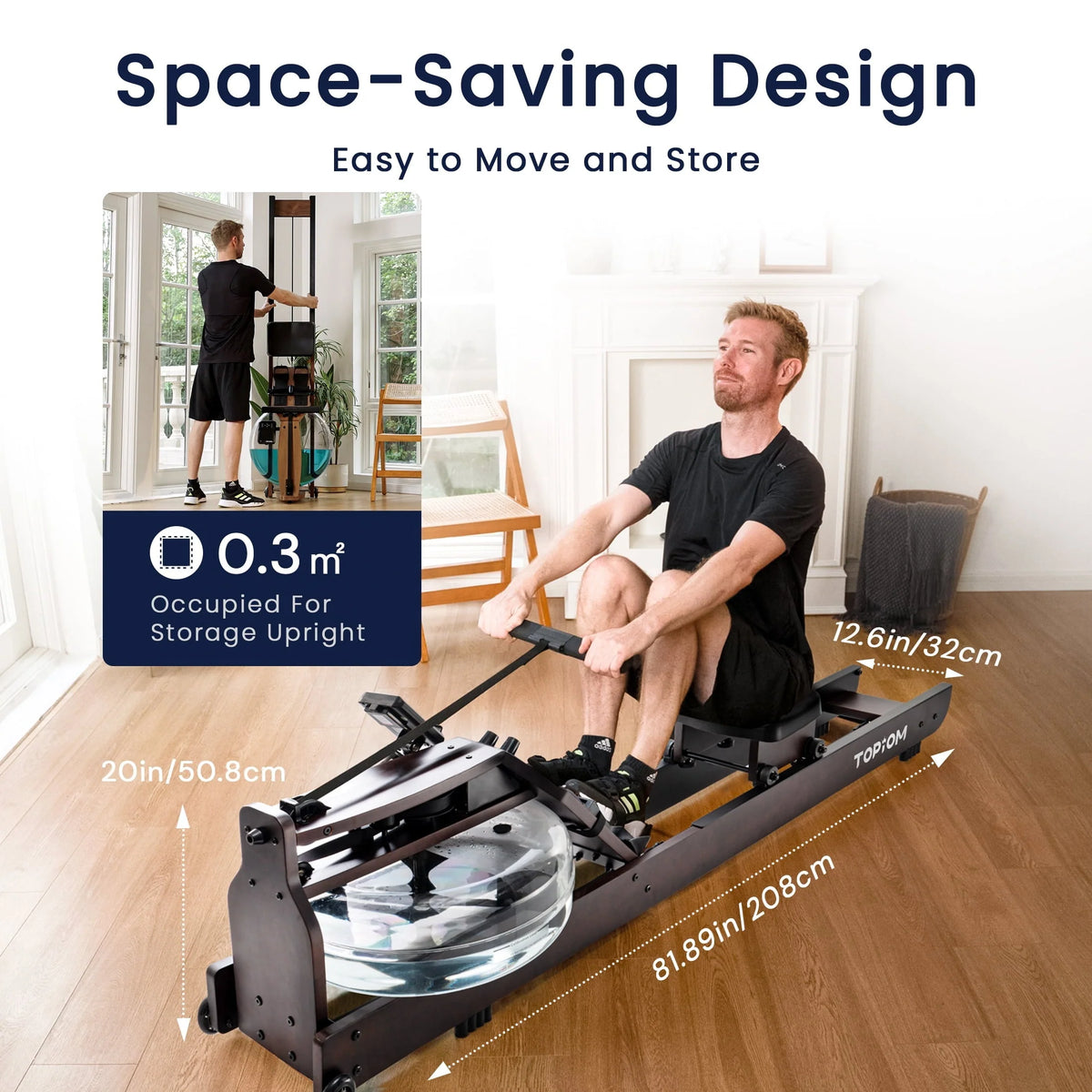 Topiom Water Rowing Machine with TM-3 Performance Monitor Bluetooth Connected 400 lbs Max Load