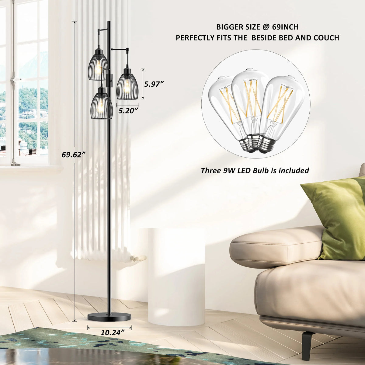 PAZZO 69 inch Three Head LED Metal Industrial Floor Lamp, Bright & Durable, with 3 Stepless Dimmable Bulb Included, Black