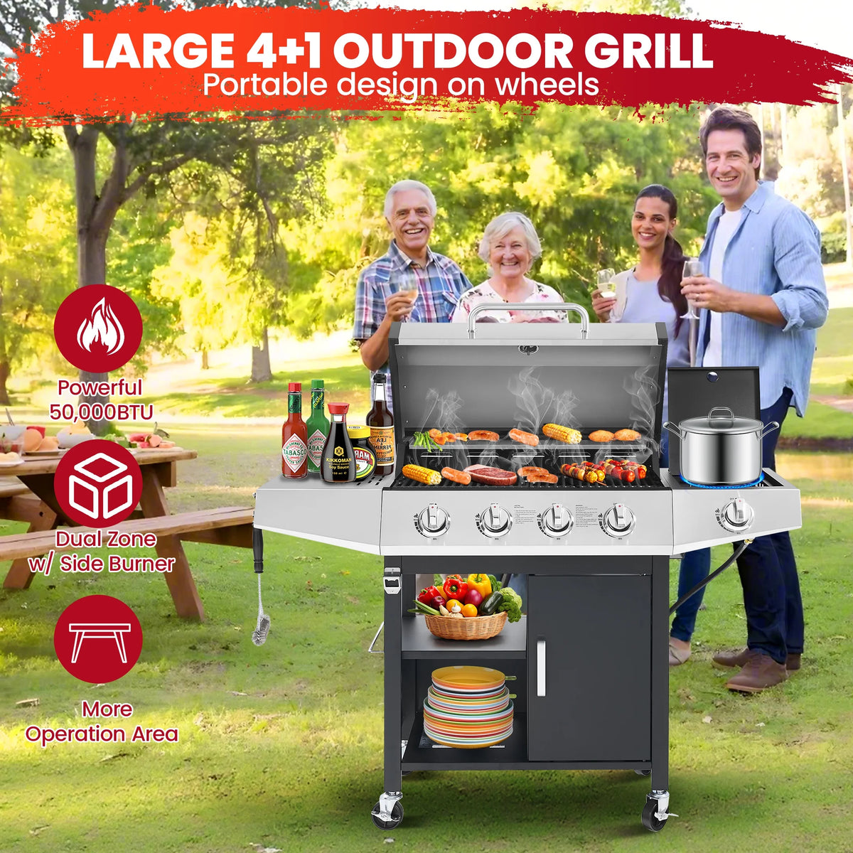 BBQ Grill, Seizeen Gas Grill with Side Burner, 40,000BTU 3-Burner Propane Grill w/Storage Cabinet, Steel Brush, Stainless Steel Camping for Backyard Patio, Portable Design on Wheels