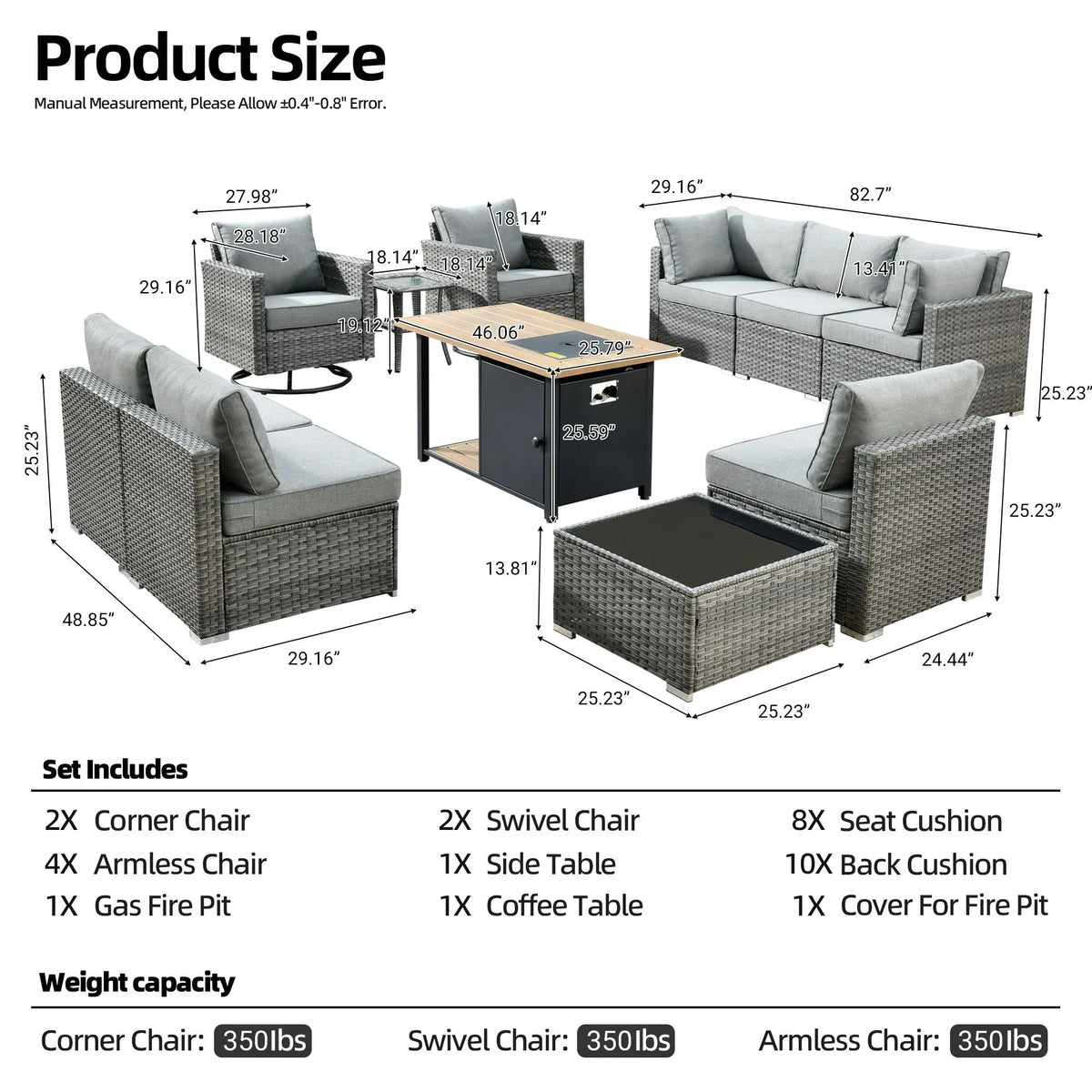 Vcatnet 11 Pieces Outdoor Patio Furniture Sets with Fire Pit Sectional Sofa All Weather Wicker Conversation Set with Swivel Glider Chairs, Black