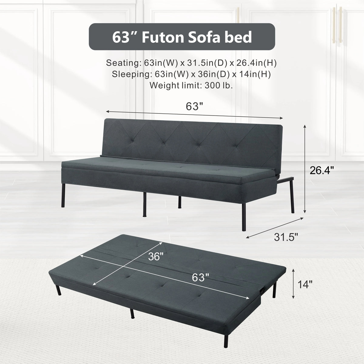 BSHTI 63Futon Sofa Bed,Upholstered with Polyester Fabric Convertible Sofa Couch for Living Room,Office(Black)