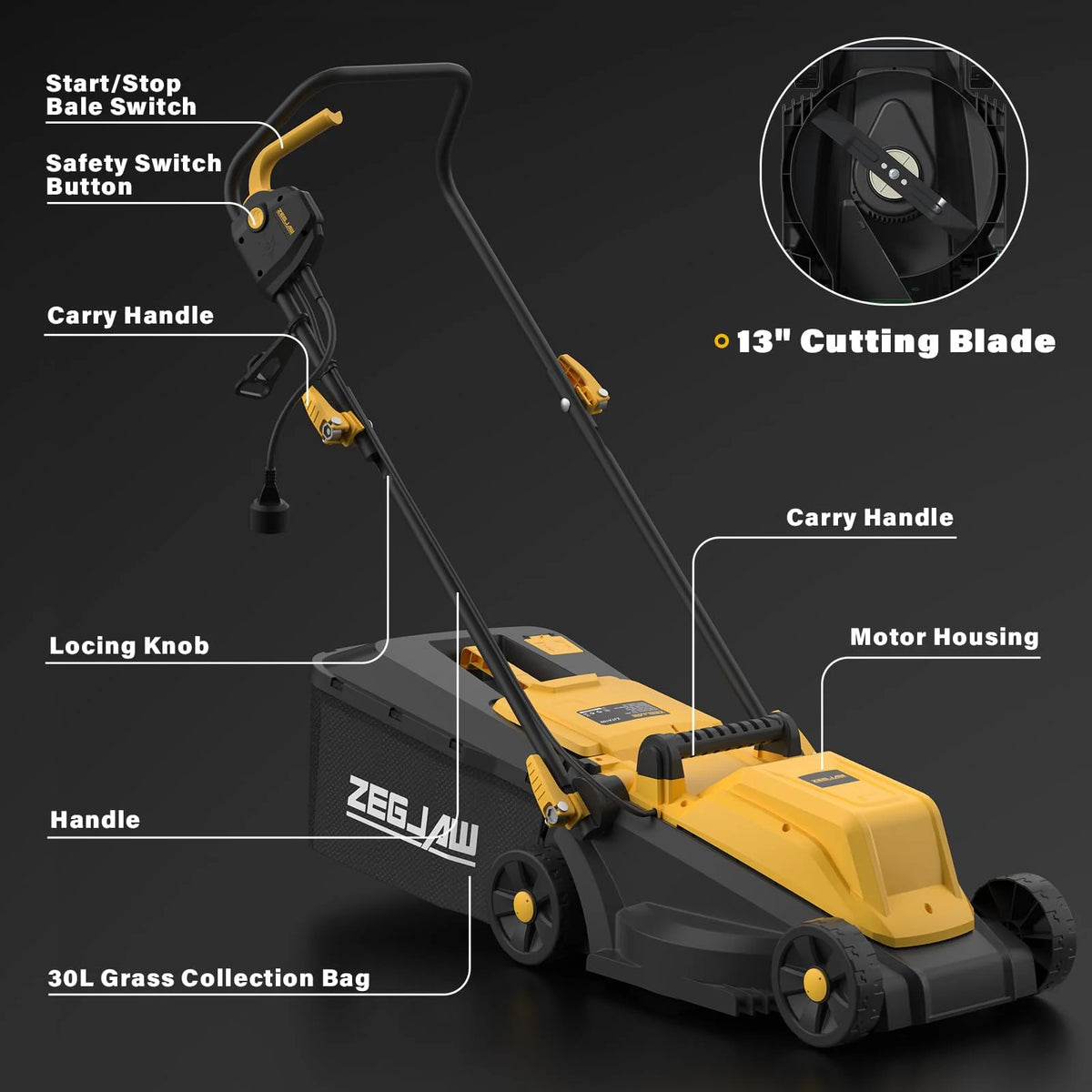 ZEGJAW Lawn Mower Cordless,13-Inch Electric Lawn Mower with 4.0Ah Battery and Charger, 2-in-1 Electric Mower with 5-Position Height Adjustment