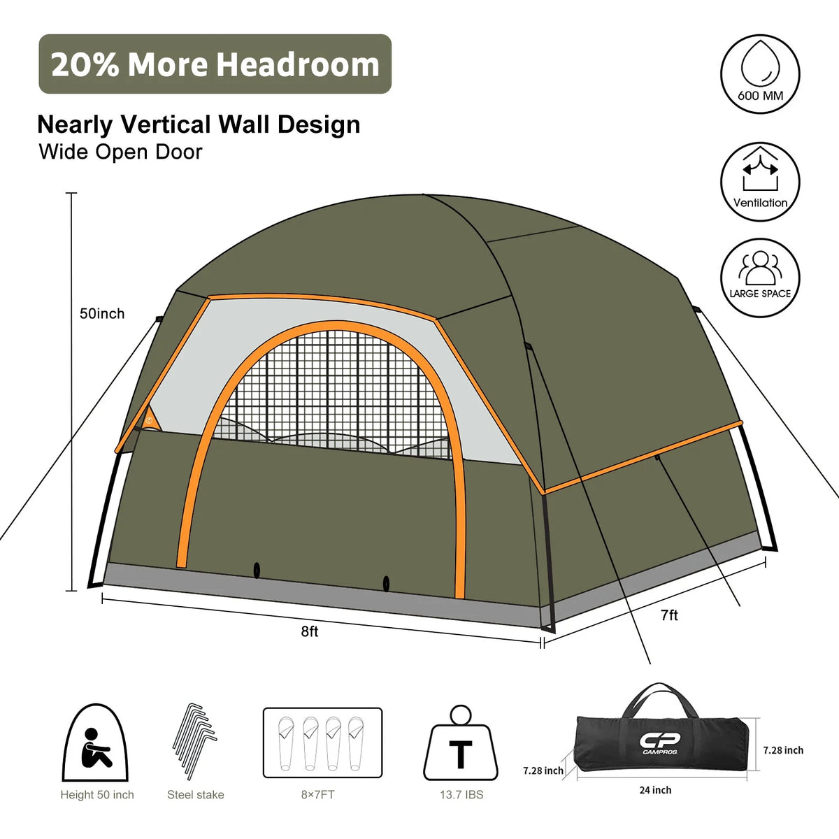 CAMPROS 4 Person Waterproof Cabin Camping Tent