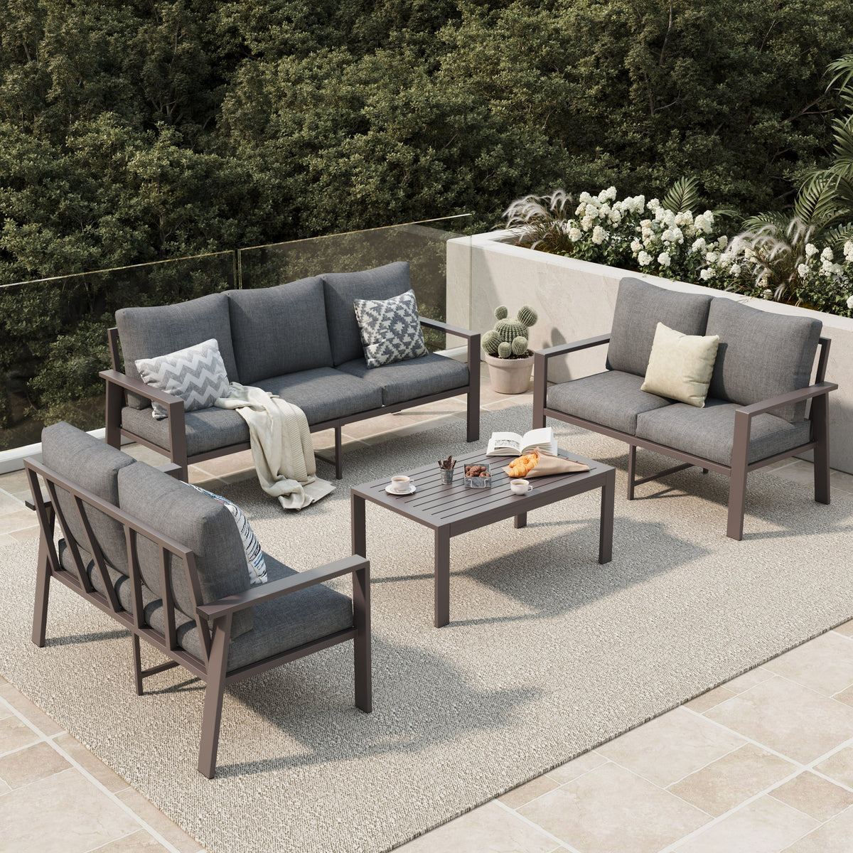 POTEBAN Aluminum Patio Furniture Set, Modern Metal Outdoor Sectional Sofa, Patio Conversation Sets with Side Table for Poolside, courtyard,Blue