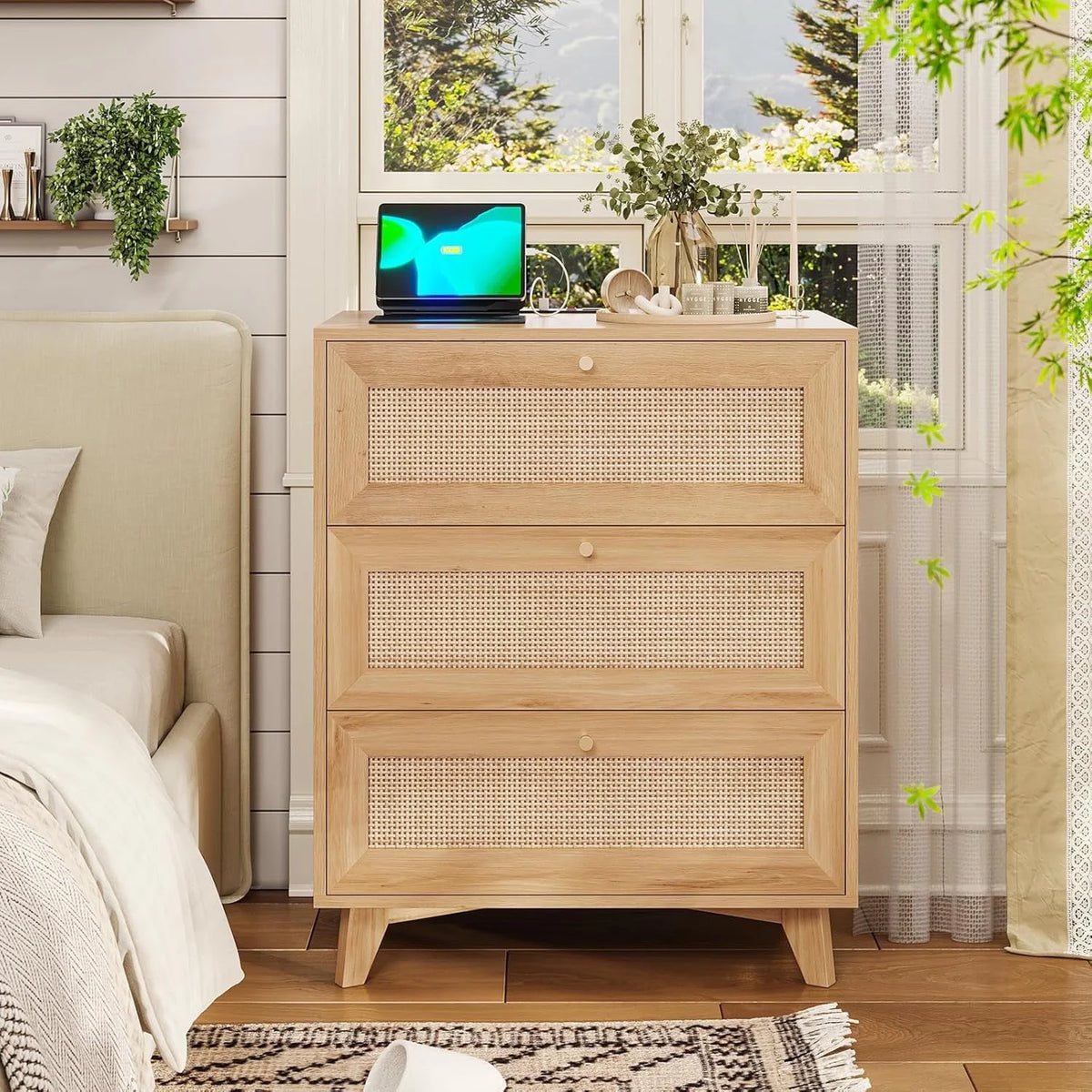 AOGLLATI Rattan Nightstand with Charging Station & 3 Drawers for Bedroom