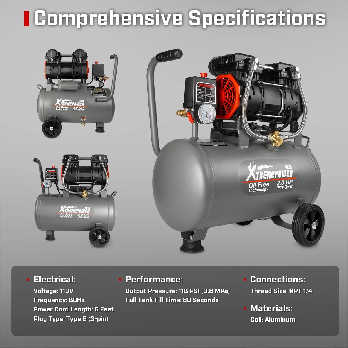 XtremepowerUS 10 Gallon Ultra Quiet Portable Air Compressor, 3.5HP, 125 PSI, Oil-Lubricated, 120V