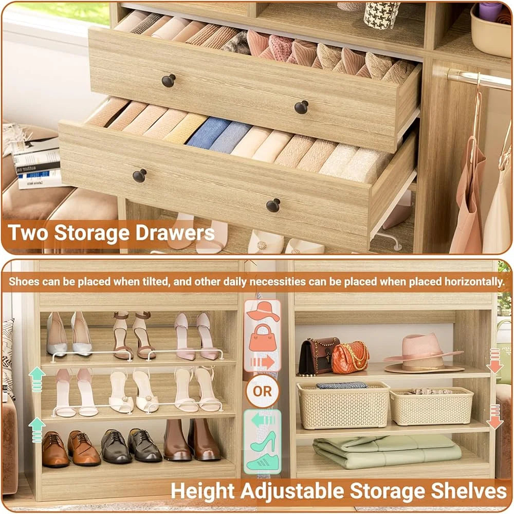 iSunirm 5FT Closet System with Drawers,5FT Closet System with Drawers, 60" Closet Organizer System with 2 Hanging Shelving Perfect Storage Solution for Organizing Your Closet