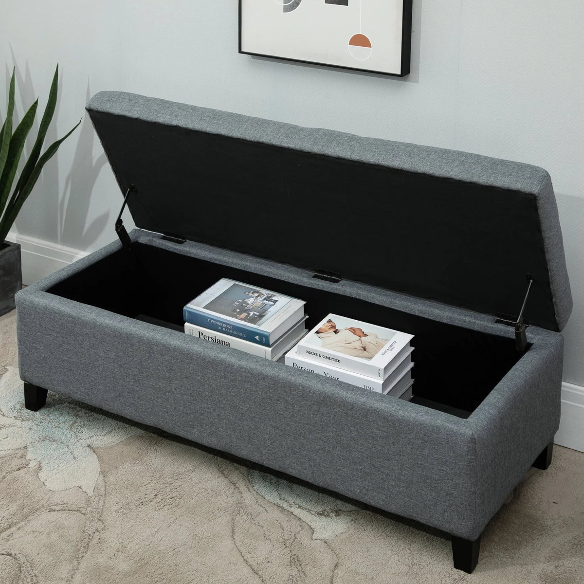 HomCom 51" Large Tufted Linen Fabric Ottoman Storage Bench With Soft Close Top - Heather Grey