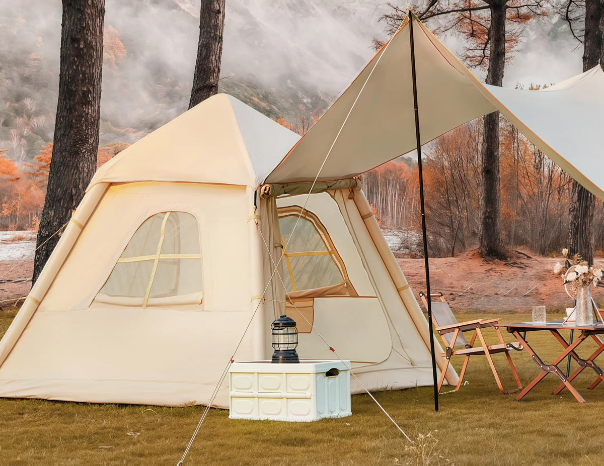 Erommy 3-4 Person Inflatable Tents for Camping with Large Rainproof Cover, Blow-Up Tent with Hand Pump, Easy Setup Tent House, Air Tent for Camping Adult,Beige