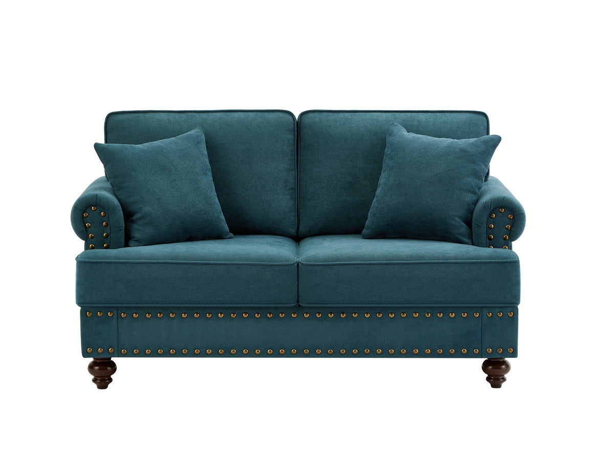 Modern Chenille Upholstered Sofa Couch with Nailhead Trim Rolled Arms Pillows