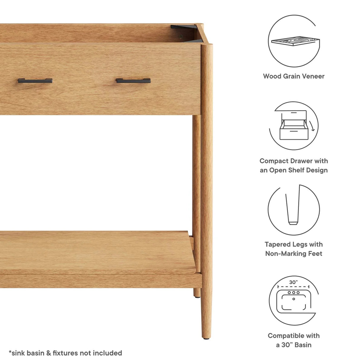 Modway Zaire 30" Bathroom Vanity Cabinet (Sink Basin Not Included) in Walnut