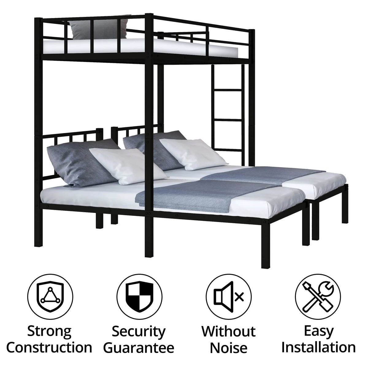 Triple Bunk Bed for 3, Twin over Twin & Twin Bunk Bed with Ladder and Shelf, Can be divided into 3 Beds, Metal Bunk Bed Frame with Safety Rail & Slats Support, No Box Spring Needed, Black