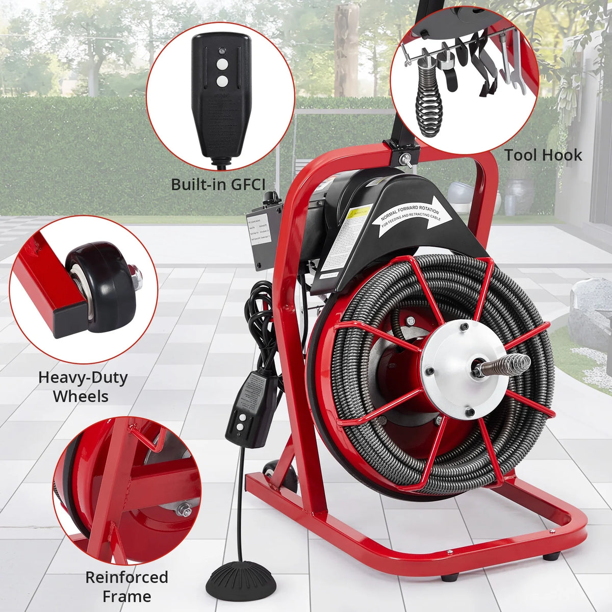 Roromall Drain Cleaner Machine 50FT/75FT/100FT x 3/8-inch/1/2-inch Sewer Auger Electric Drain Auger Sewer Snake with 4 Cutter, Air-Activated Foot Switch, Gloves