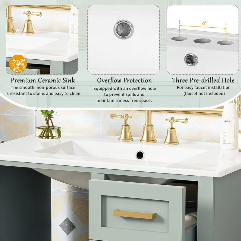 Bellemave 30" Bathroom Vanity with Sink, Cabinet with Sink Combo Set with Top, Bathroom Storage Cabinet with 3 Drawers and 1 Soft Closing Door, 30 Inch Vanity with Sink for Bathroom（White）