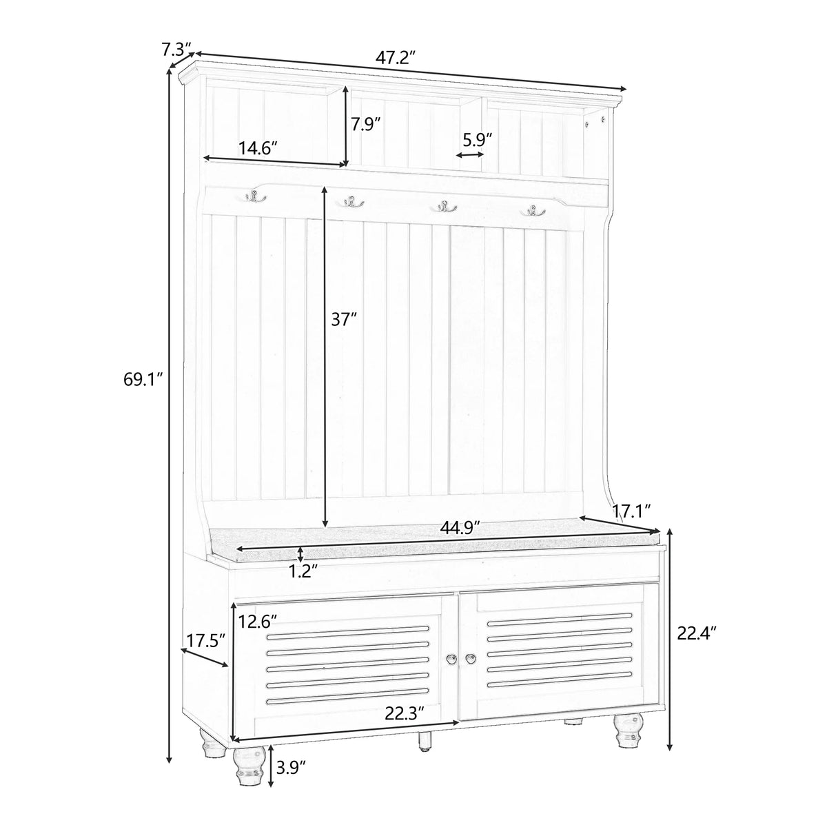 Royard Oaktree Hall Tree w/Bench, Cushion, and Shutter Cabinet Doors, Hallway Coat Rack with 4 Hooks