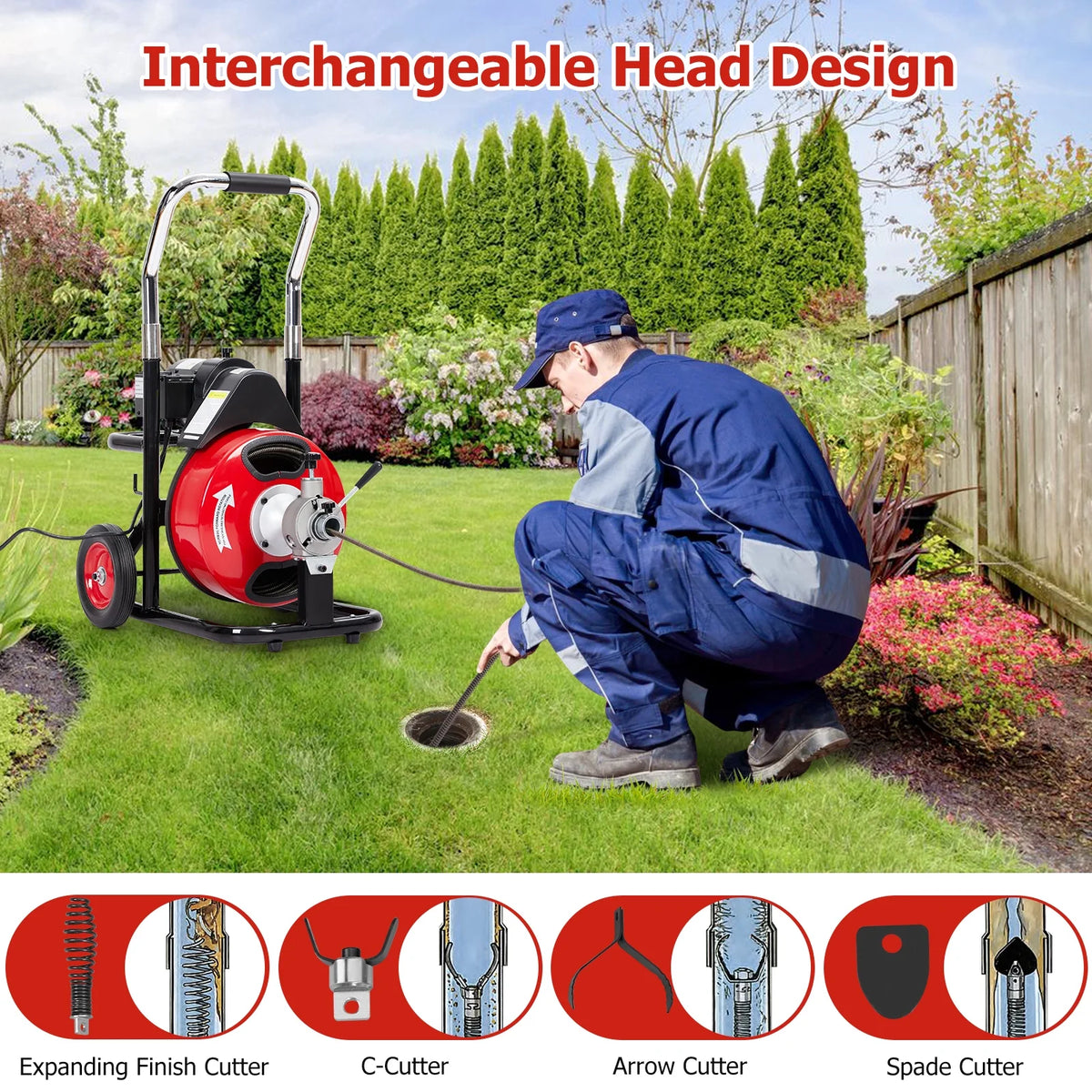 Roromall Drain Cleaner Machine 50FT/75FT/100FT x 3/8-inch/1/2-inch Sewer Auger Electric Drain Auger Sewer Snake with 4 Cutter, Air-Activated Foot Switch, Gloves