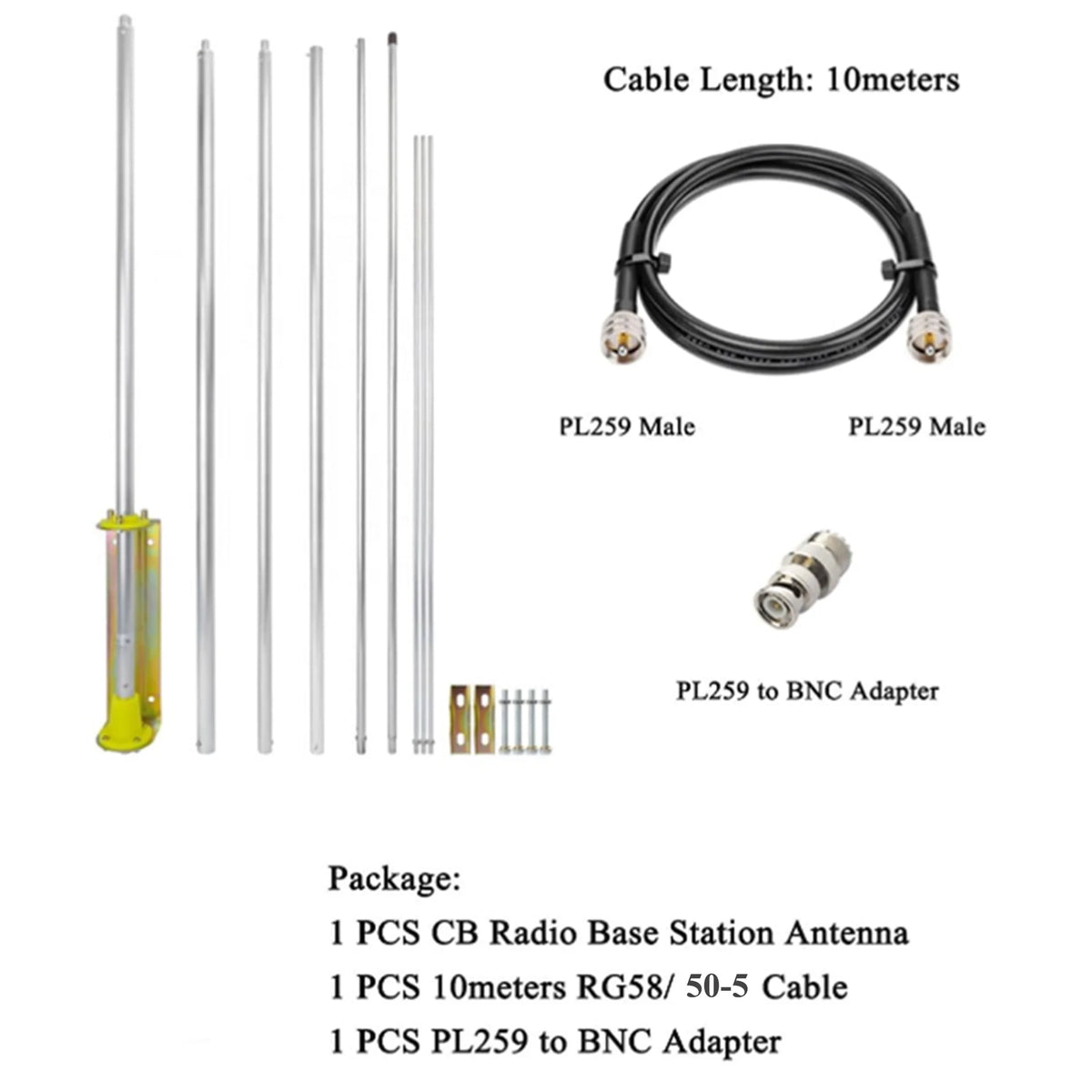 5.2meters 27MHz CB Base Antenna Ham Radio Base Station Antennas Kit with 10meter Cable PL-259 BNC for Home Cobra Uniden Bearcat Mobile Ham CB Two Way Radio