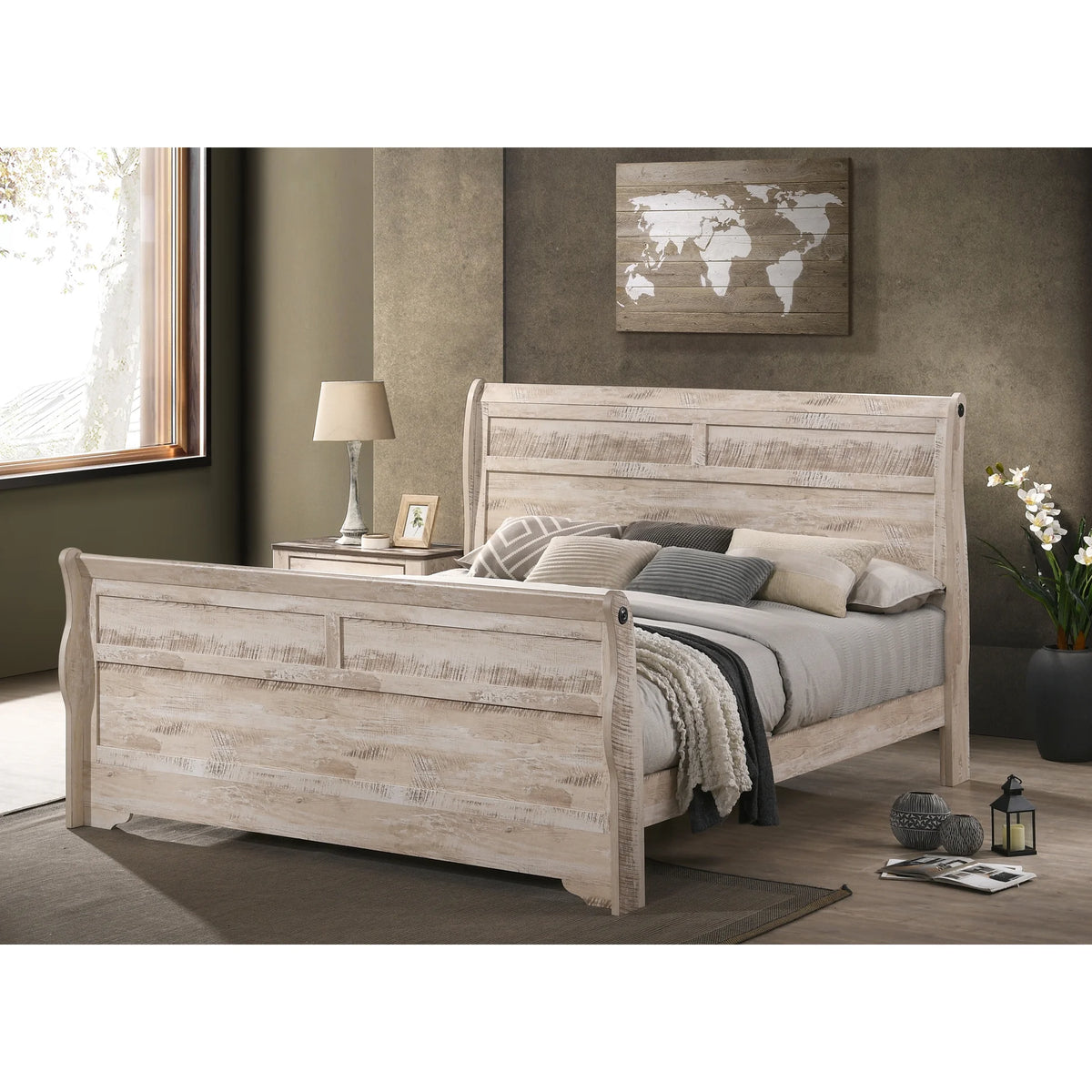 King Size Bedroom Furniture - Bed, Dresser, Mirror, Nightstands, Chest Rustic White Wash Style Urban