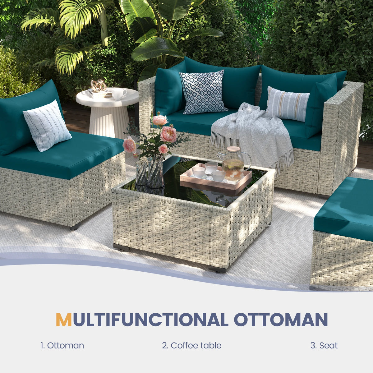 UDPATIO 7 Pieces Outdoor Patio Furniture Set, Outdoor Wicker Patio Conversation Set with Cushions for Backyard, Porch, Garden(Haze Blue)