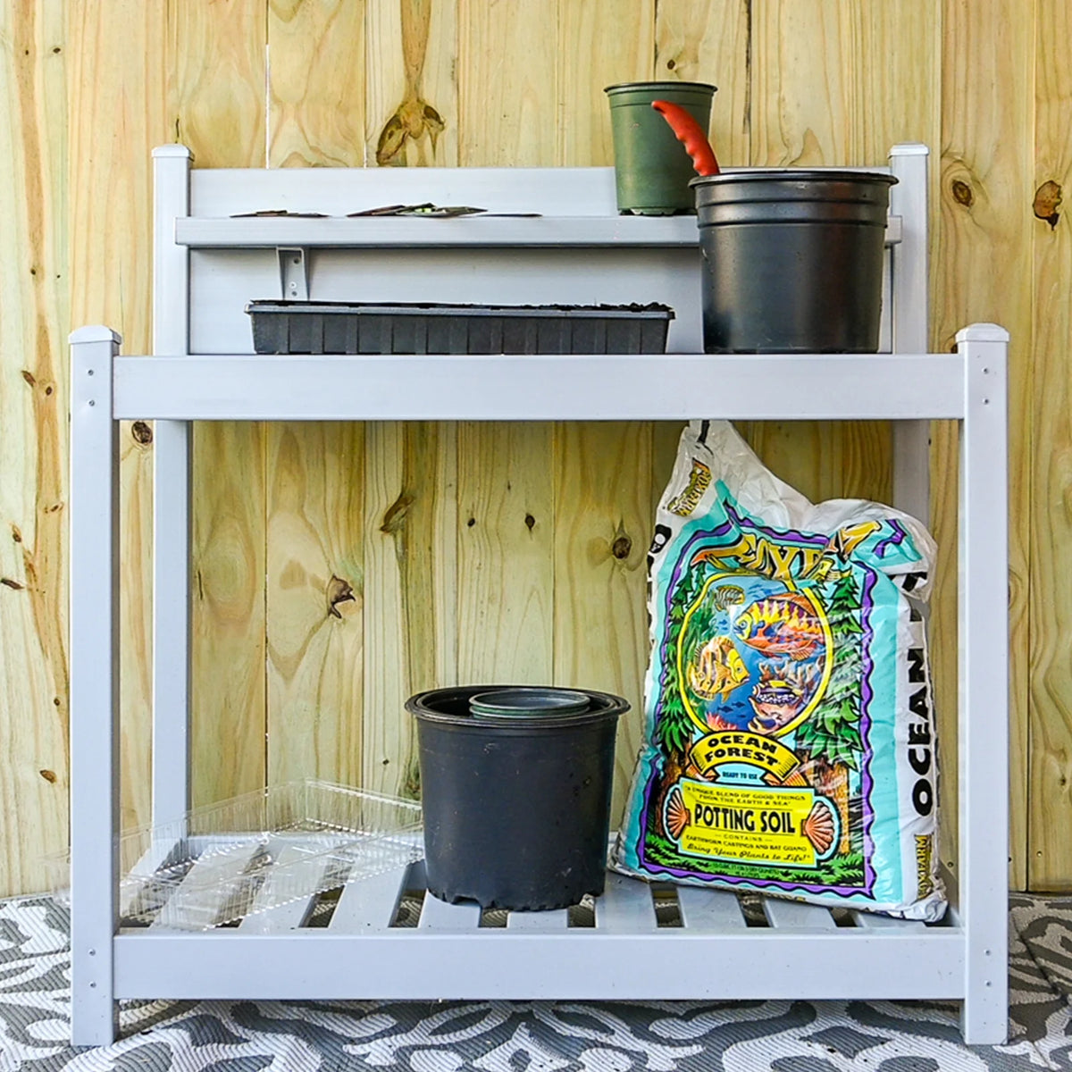 EAGLE PEAK Outdoor Indoor Vinyl Potting Bench Tsble, Gardening Work Station with Open Shelf, Lower Storage, Gray