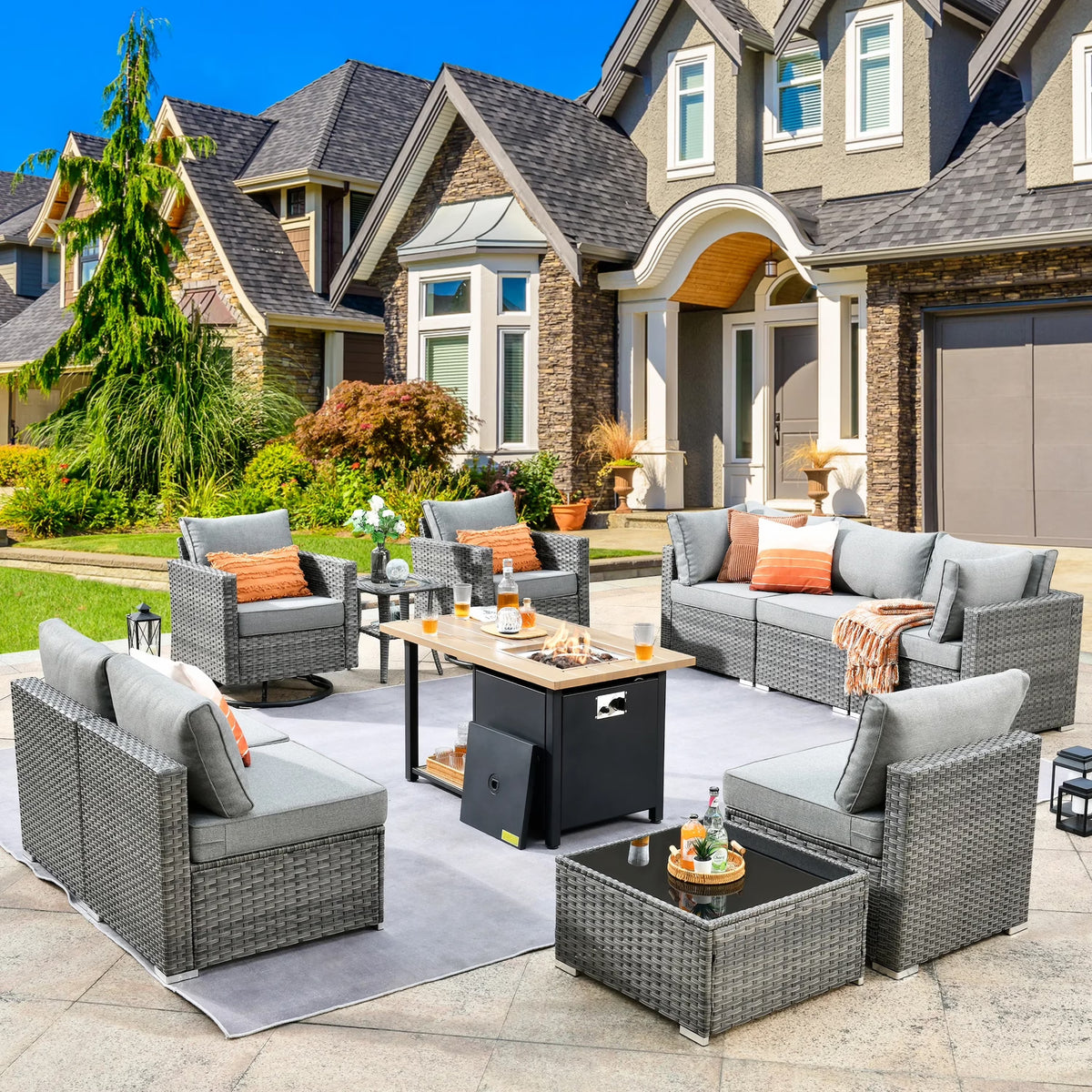 Vcatnet 11 Pieces Outdoor Patio Furniture Sets with Fire Pit Sectional Sofa All Weather Wicker Conversation Set with Swivel Glider Chairs, Black